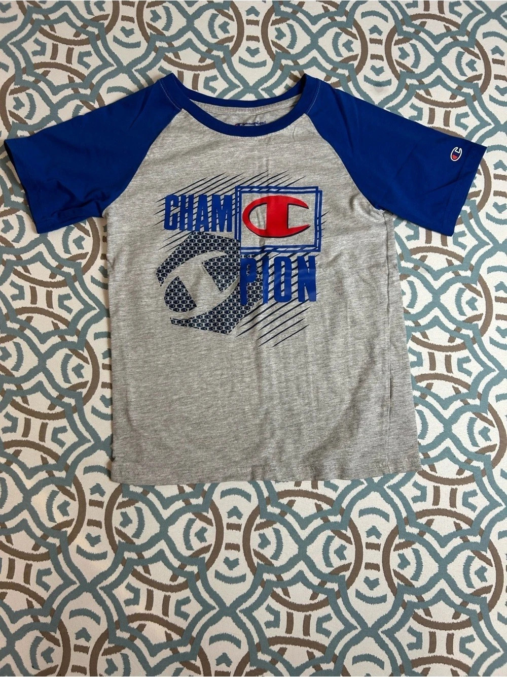 Champion Kids Graphic Raglan Tee in Gray & Blue Size 7